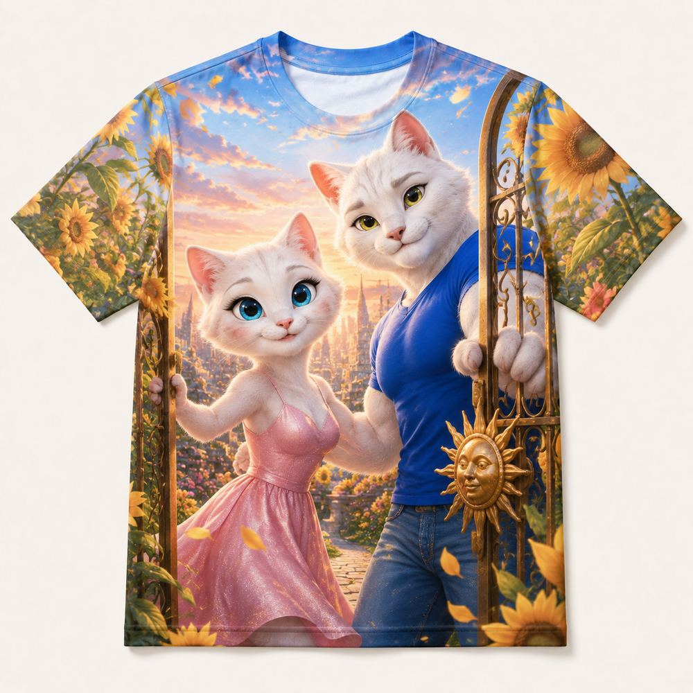 Sunflower Gate Welcome all-over print T-shirt front view with Dad Cat and Mom Cat — The Fluffy Fam