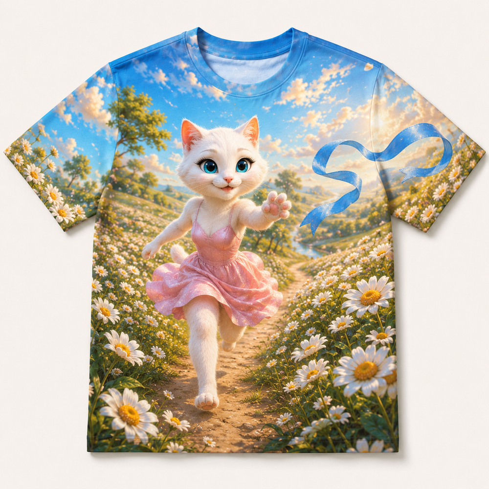 Daisy Path Ribbon Chase all-over print T-shirt front view with Mom Cat — The Fluffy Fam