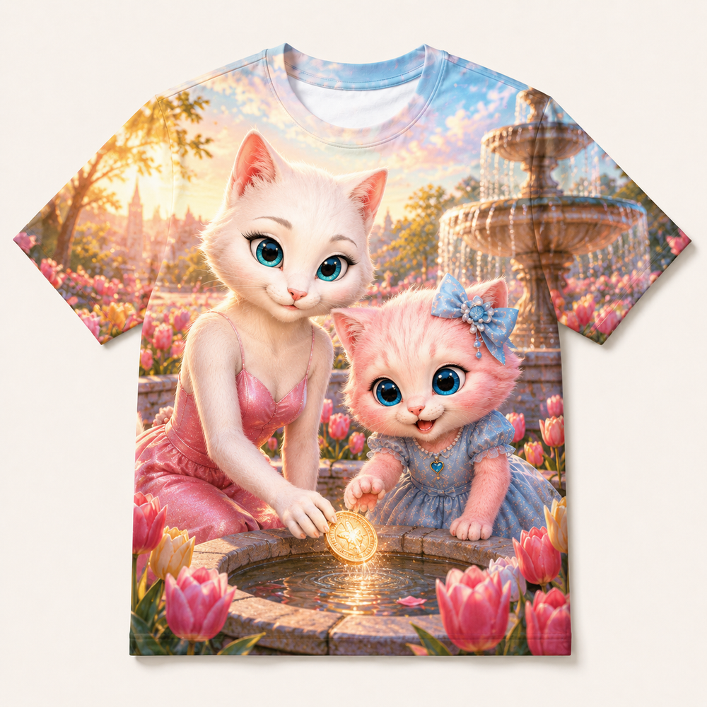 Tulip Fountain Wish all-over print T-shirt front view with Mom Cat and Pink Kitten — The Fluffy Fam