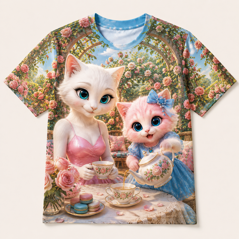 Rose Arbor Tea all-over print T-shirt front view with Mom Cat and Pink Kitten — The Fluffy Fam