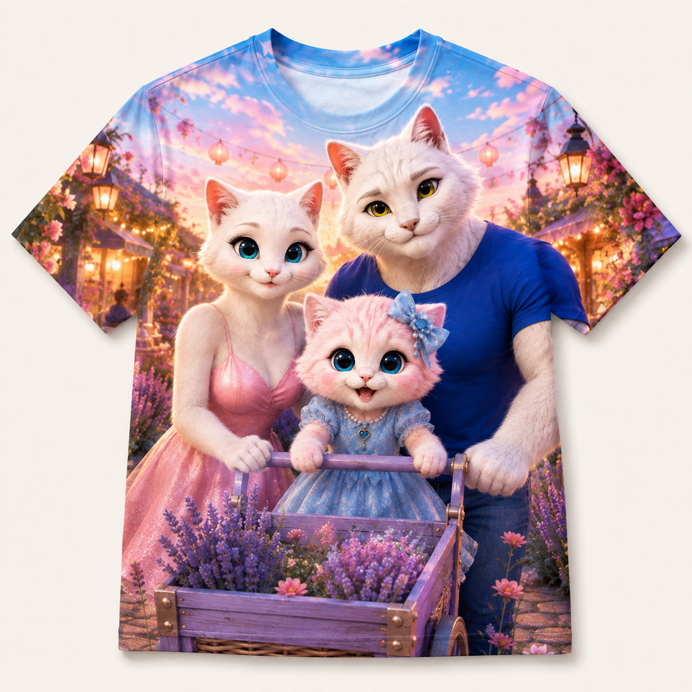 Lavender Cart Delivery all-over print T-shirt front view with the whole cat family — The Fluffy Fam