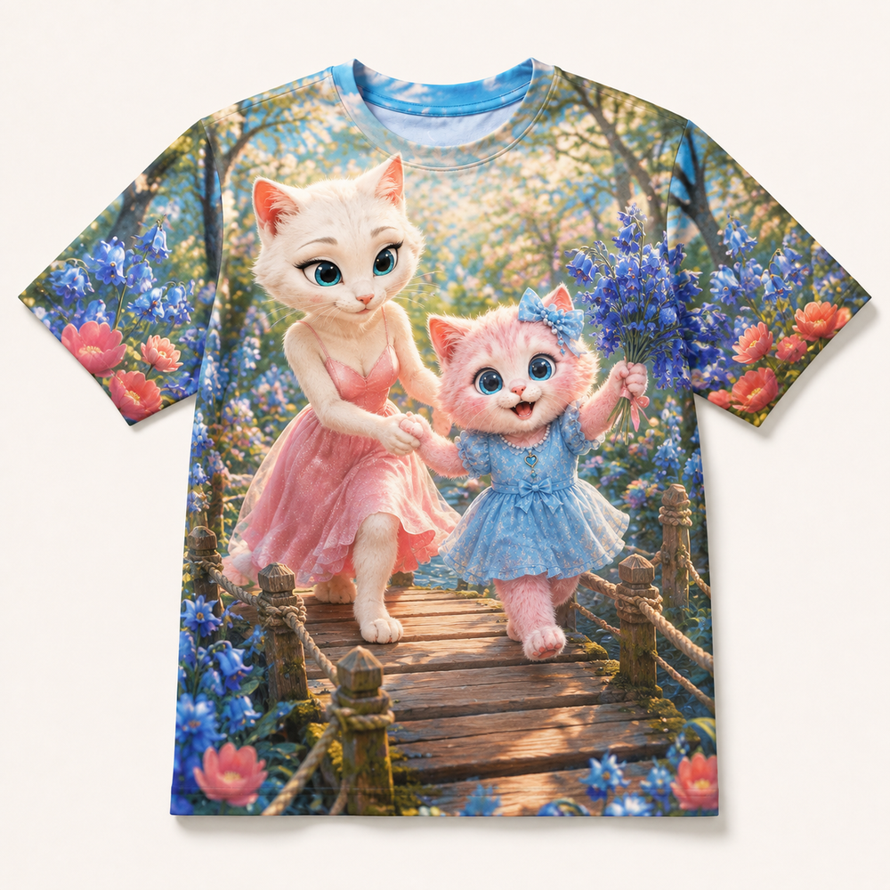 Bluebell Bridge Crossing all-over print T-shirt front view with Mom Cat and Pink Kitten — The Fluffy Fam