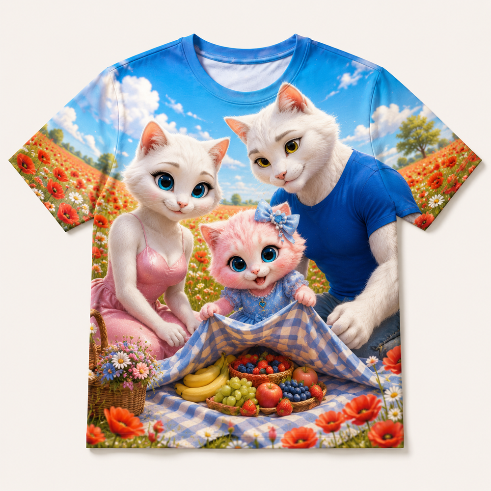 Poppy Picnic Surprise all-over print T-shirt front view with the whole cat family — The Fluffy Fam
