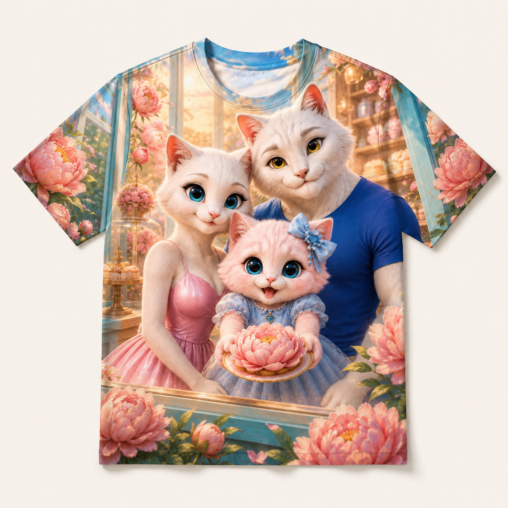 Peony Bakery Window all-over print T-shirt front view with the whole cat family — The Fluffy Fam