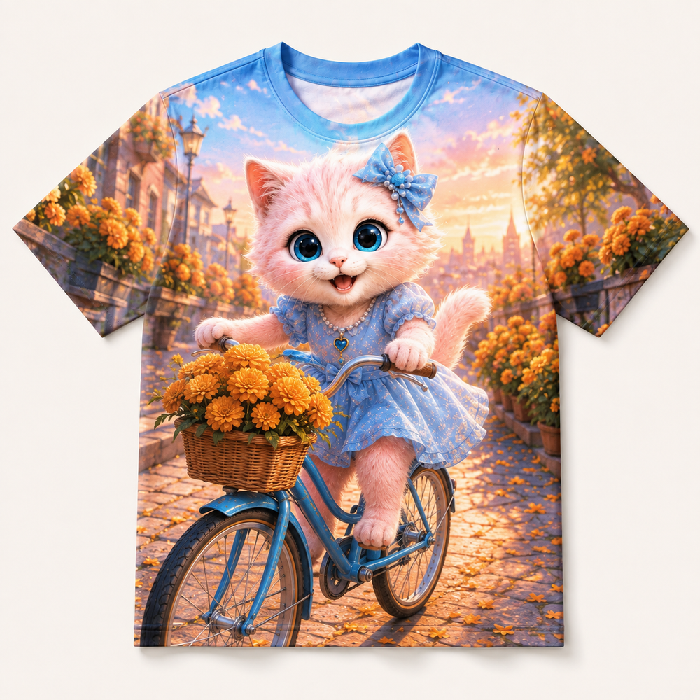 Marigold Bicycle Morning all-over print T-shirt front view with Pink Kitten — The Fluffy Fam
