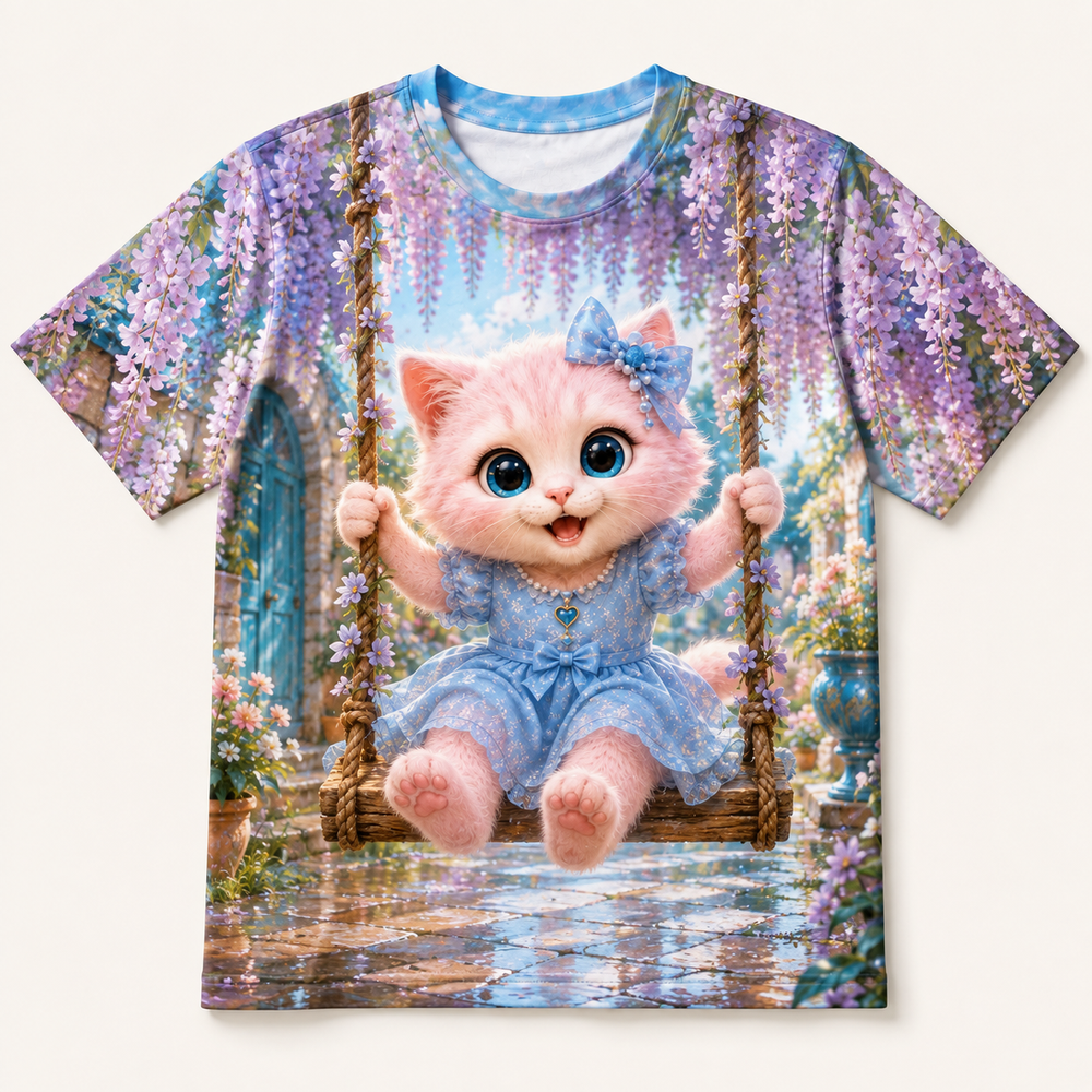 Wisteria Swing Flight all-over print T-shirt front view with Pink Kitten — The Fluffy Fam