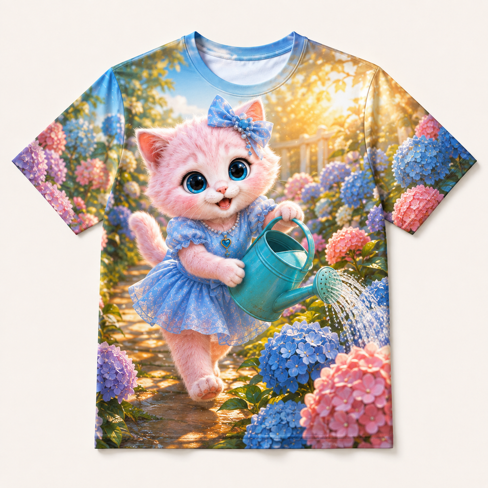 Hydrangea Watering Race all-over print T-shirt front view with Pink Kitten — The Fluffy Fam