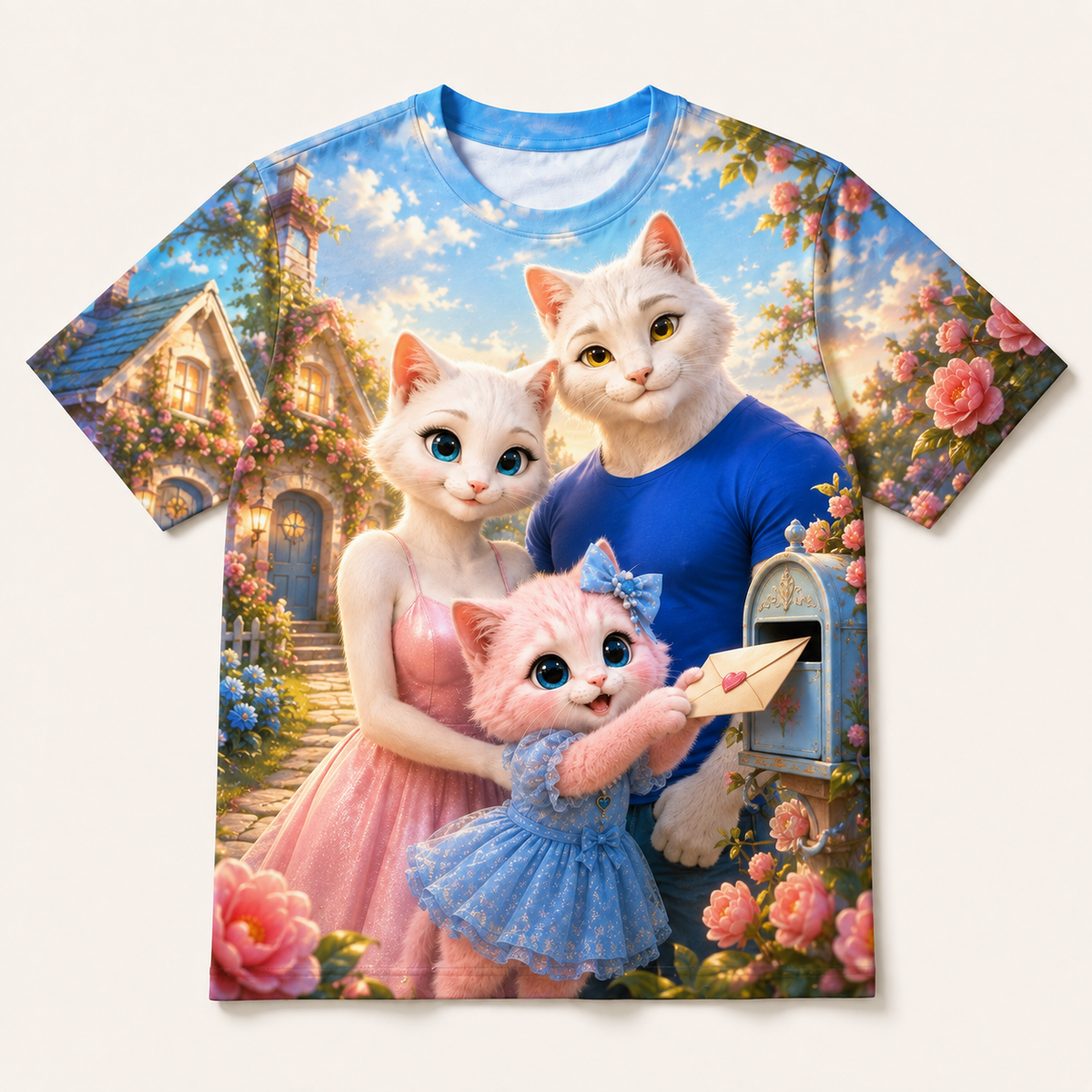 Camellia Letterbox Hello all-over print T-shirt front view with the whole cat family — The Fluffy Fam