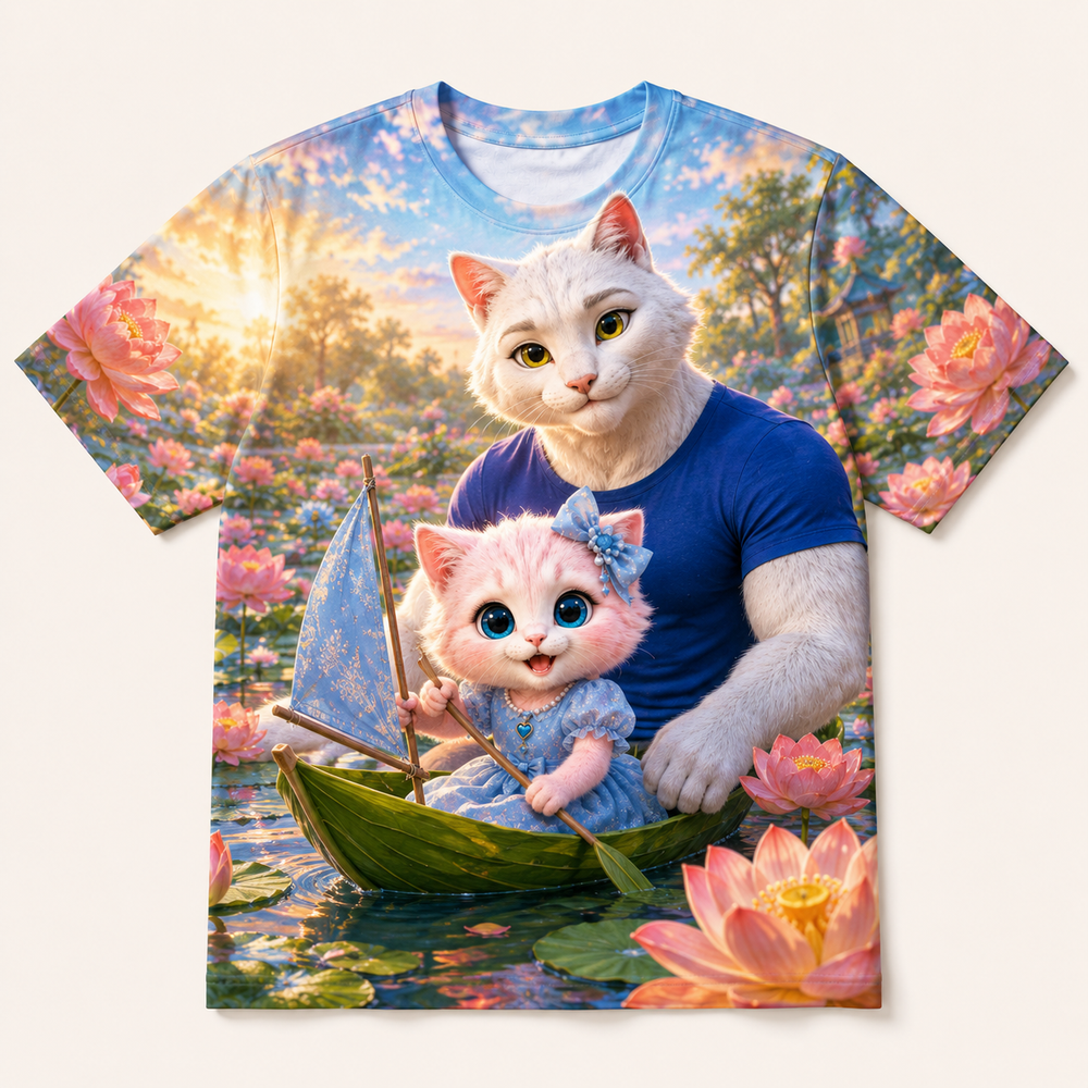 Lotus Pond Boat all-over print T-shirt front view with Dad Cat and Pink Kitten — The Fluffy Fam