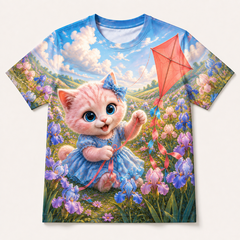 Iris Kite Corner all-over print T-shirt front view with Pink Kitten — The Fluffy Fam