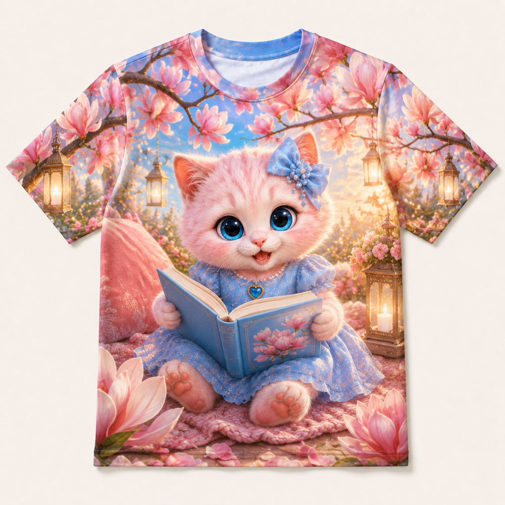 Magnolia Book Nook all-over print T-shirt front view with Pink Kitten — The Fluffy Fam
