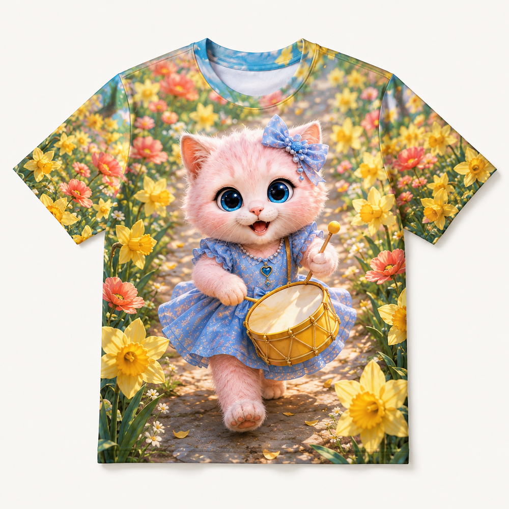 Daffodil Music Parade all-over print T-shirt front view with Pink Kitten — The Fluffy Fam