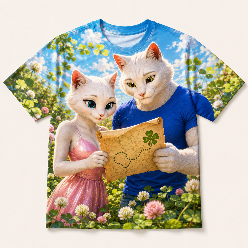 Clover Treasure Map all-over print T-shirt front view with Dad Cat and Mom Cat — The Fluffy Fam