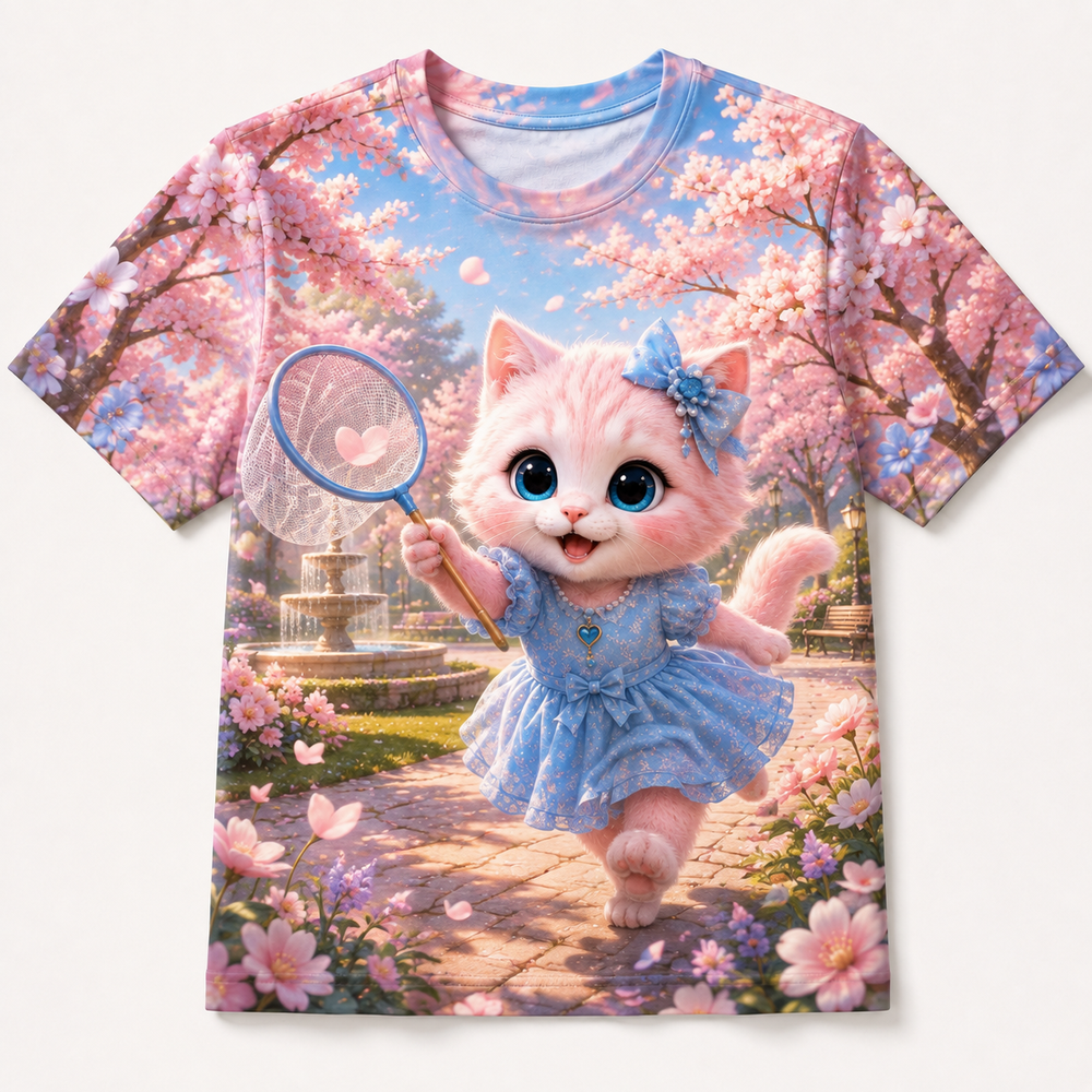 Cherry Blossom Petal Catch all-over print T-shirt front view with Pink Kitten — The Fluffy Fam