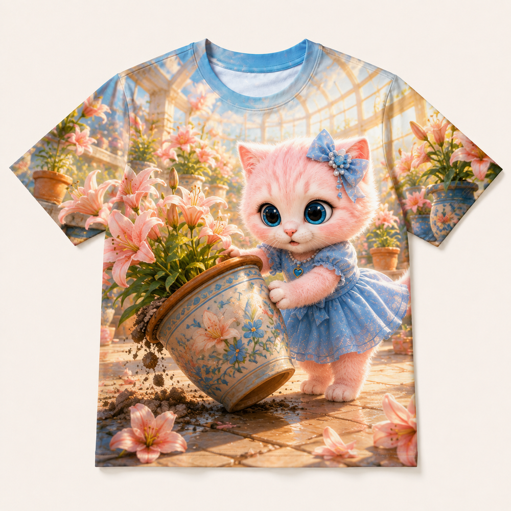 Lily Greenhouse Rescue all-over print T-shirt front view with Pink Kitten — The Fluffy Fam