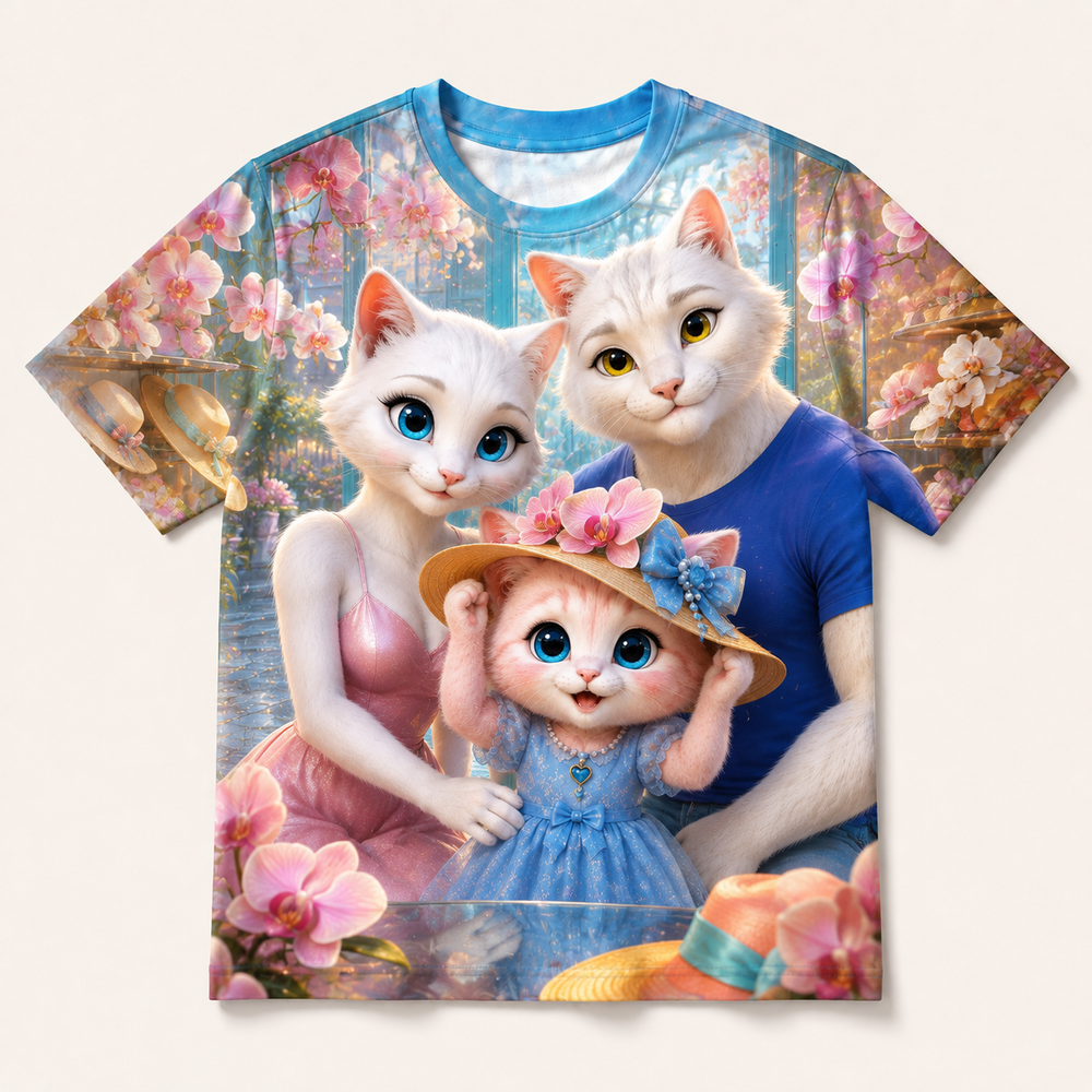 Orchid Hat Shop all-over print T-shirt front view with the whole cat family — The Fluffy Fam