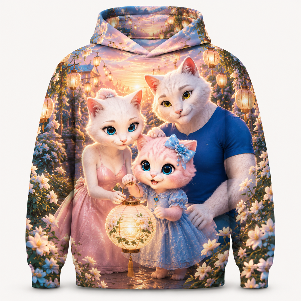 Jasmine Lantern Lane all-over print hoodie front view with the whole cat family — The Fluffy Fam