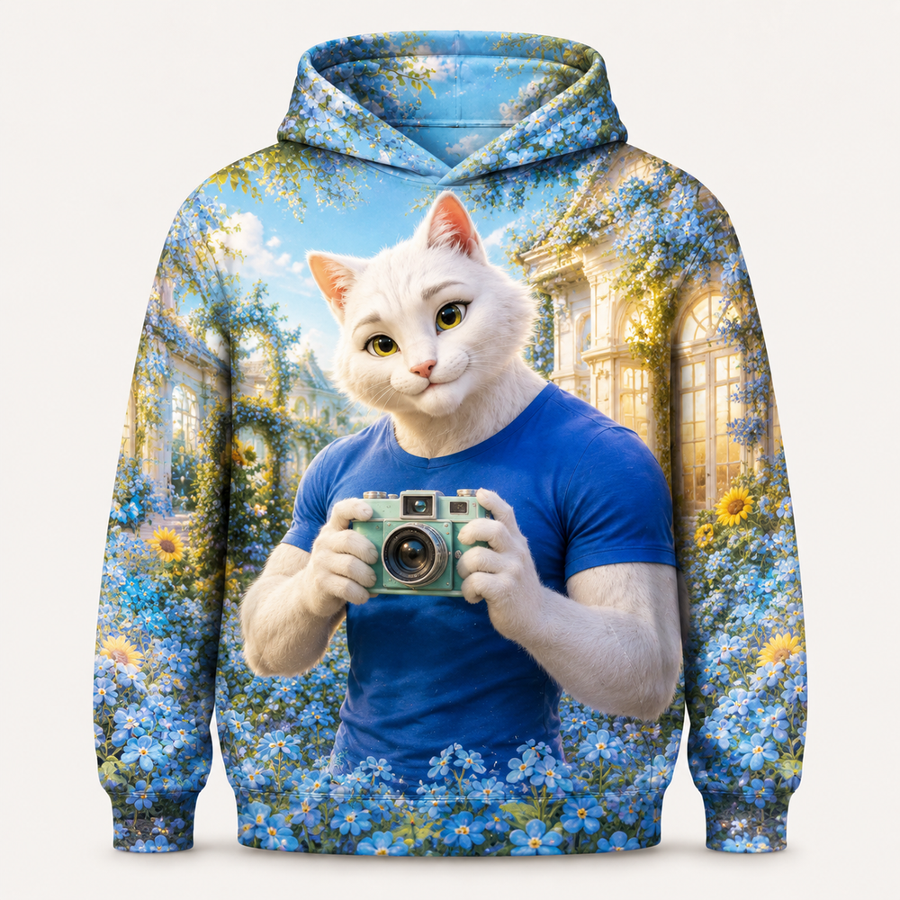Forget-Me-Not Photo Day all-over print hoodie front view with Dad Cat — The Fluffy Fam