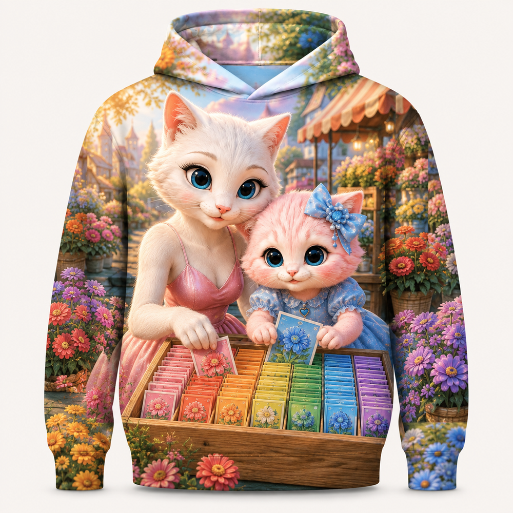 Zinnia Seed Market all-over print hoodie front view with Mom Cat and Pink Kitten — The Fluffy Fam
