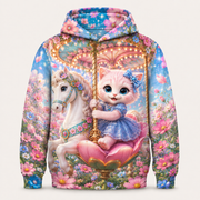 Cosmos Carousel Ride all-over print hoodie front view with Pink Kitten — The Fluffy Fam
