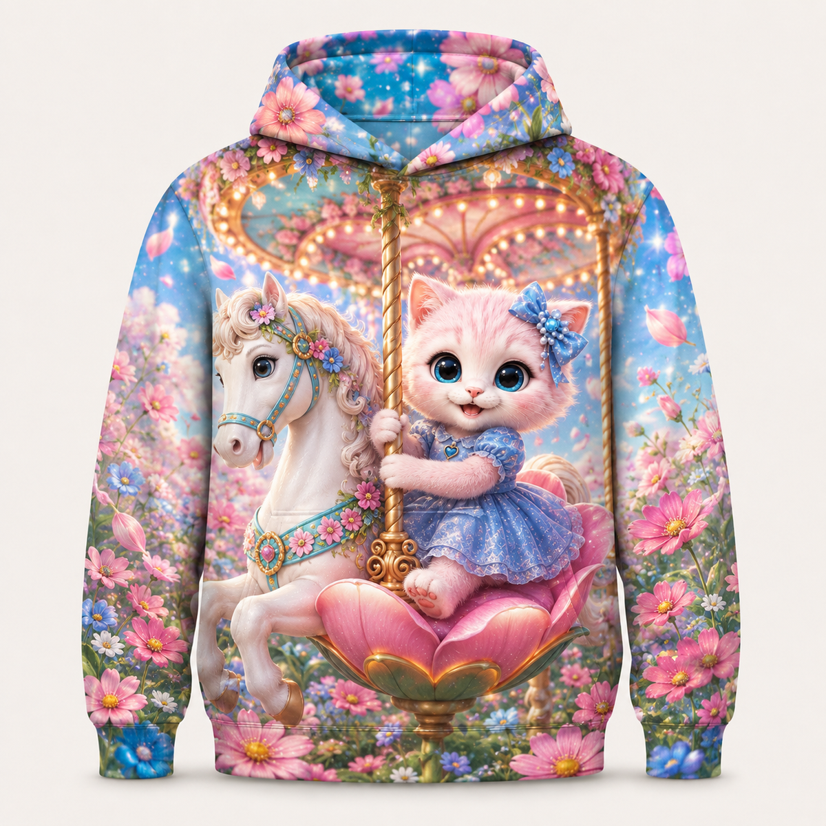 Cosmos Carousel Ride all-over print hoodie front view with Pink Kitten — The Fluffy Fam