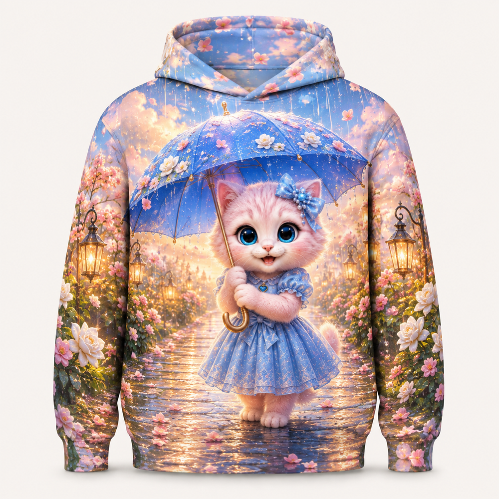 Gardenia Umbrella Walk all-over print hoodie front view with Pink Kitten — The Fluffy Fam