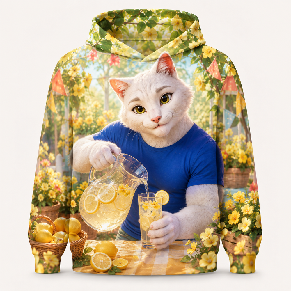 Primrose Lemon Stand all-over print hoodie front view with Dad Cat — The Fluffy Fam