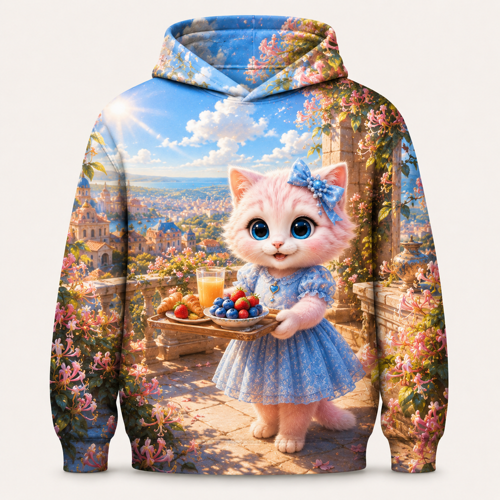 Honeysuckle Balcony Breakfast all-over print hoodie front view with Pink Kitten — The Fluffy Fam