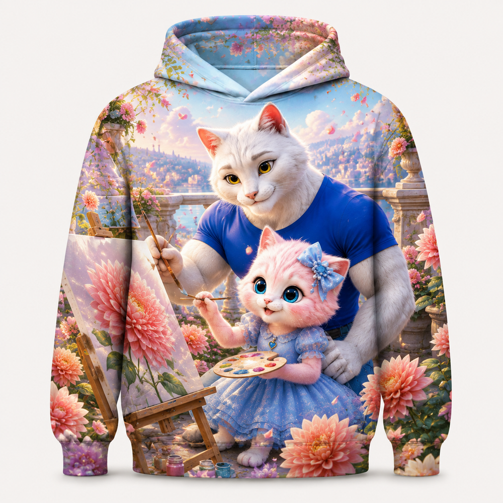 Dahlia Paint Easel all-over print hoodie front view with Dad Cat and Pink Kitten — The Fluffy Fam