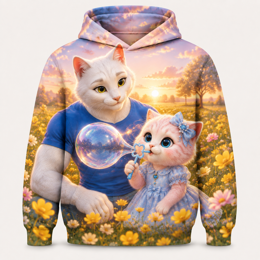Buttercup Bubble Game all-over print hoodie front view with Dad Cat and Pink Kitten — The Fluffy Fam
