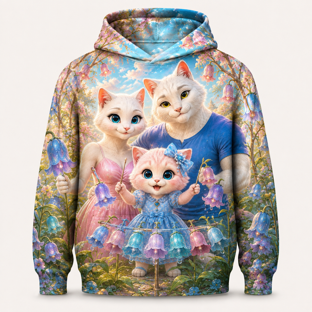Foxglove Bell Concert all-over print hoodie front view with the whole cat family — The Fluffy Fam