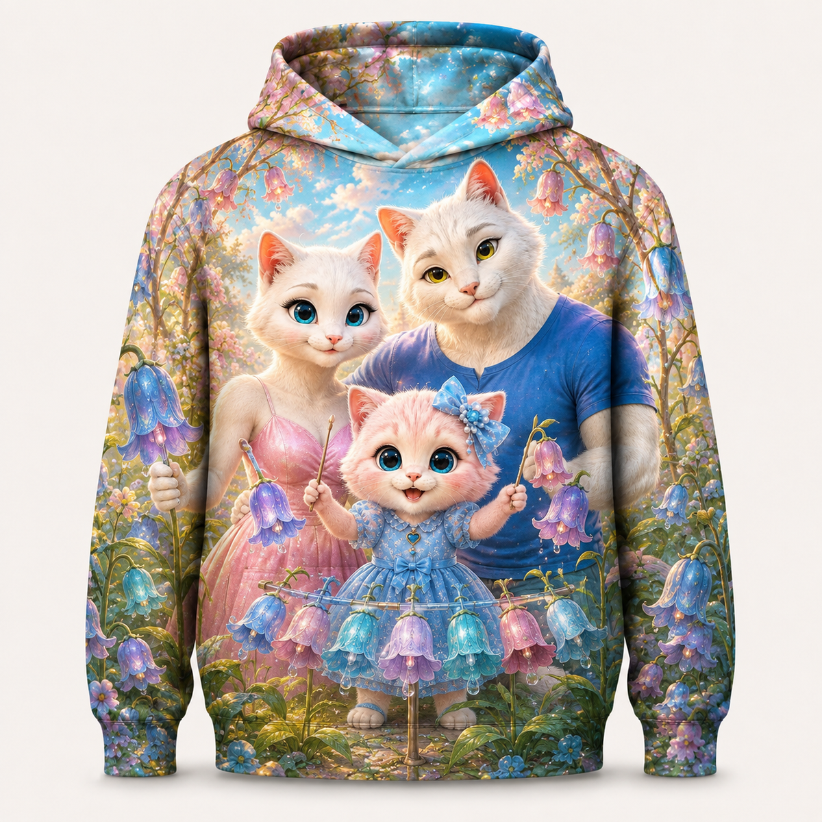 Foxglove Bell Concert all-over print hoodie front view with the whole cat family — The Fluffy Fam