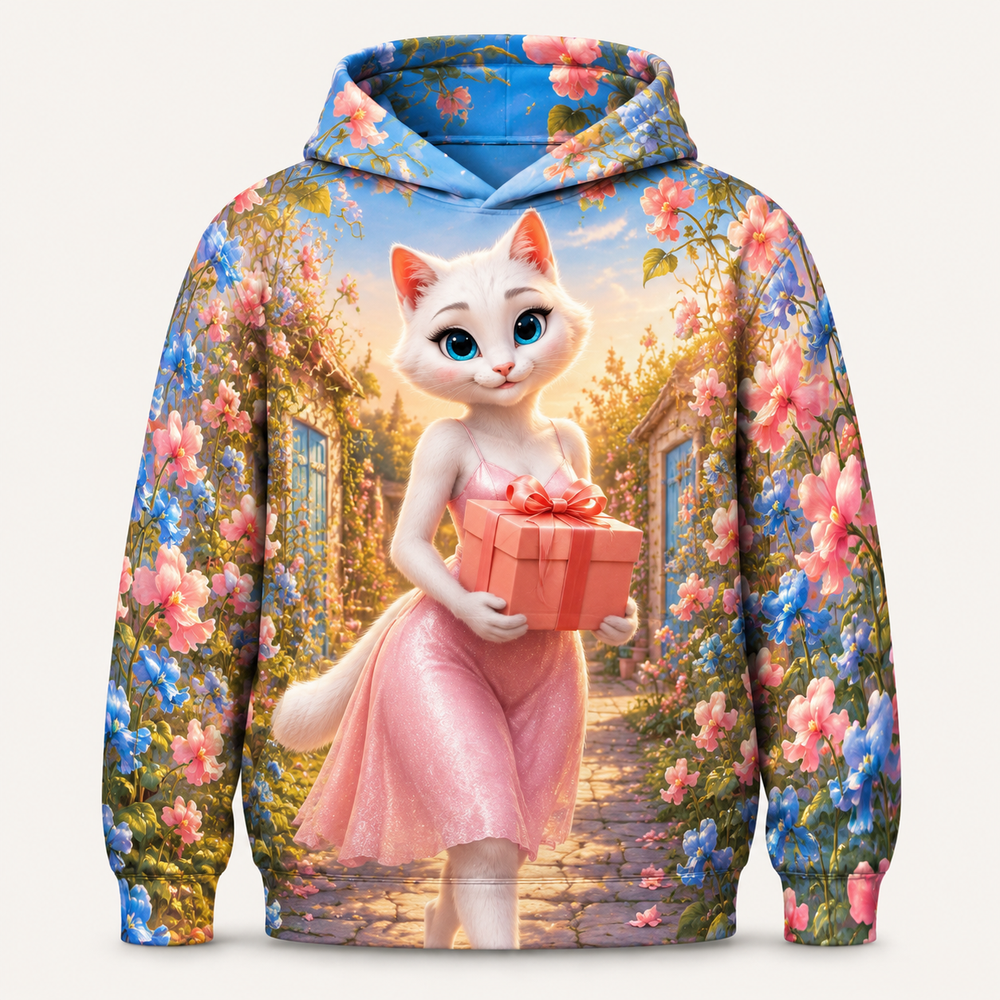 Sweet Pea Parcel Run all-over print hoodie front view with Mom Cat — The Fluffy Fam