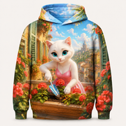 Geranium Window Garden all-over print hoodie front view with Mom Cat — The Fluffy Fam