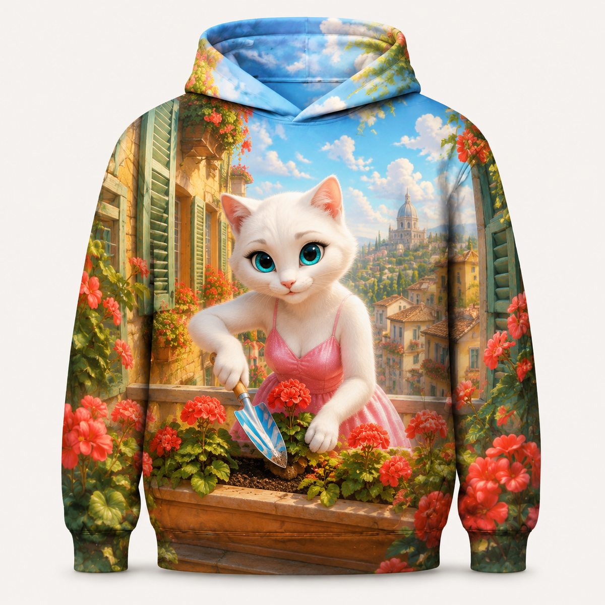 Geranium Window Garden all-over print hoodie front view with Mom Cat — The Fluffy Fam