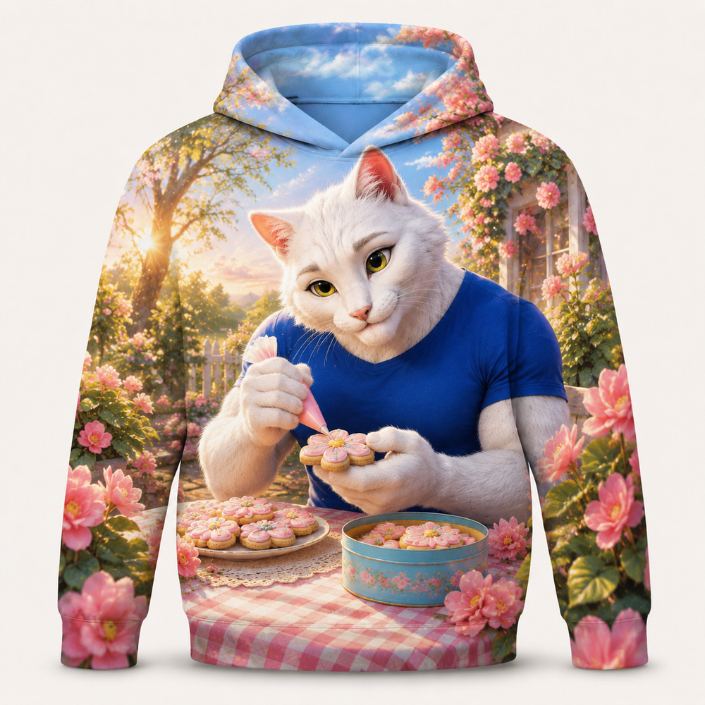 Begonia Cookie Picnic all-over print hoodie front view with Dad Cat — The Fluffy Fam