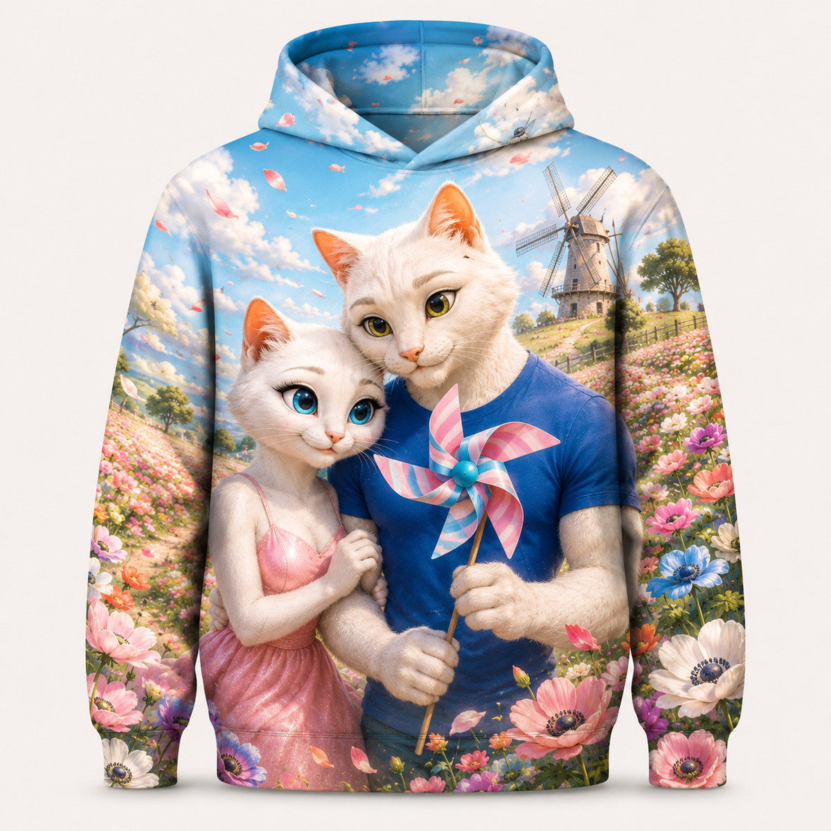 Anemone Windmill Hill all-over print hoodie front view with Dad Cat and Mom Cat — The Fluffy Fam
