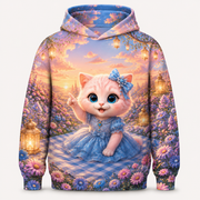 Aster Cloud Watch all-over print hoodie front view with Pink Kitten — The Fluffy Fam