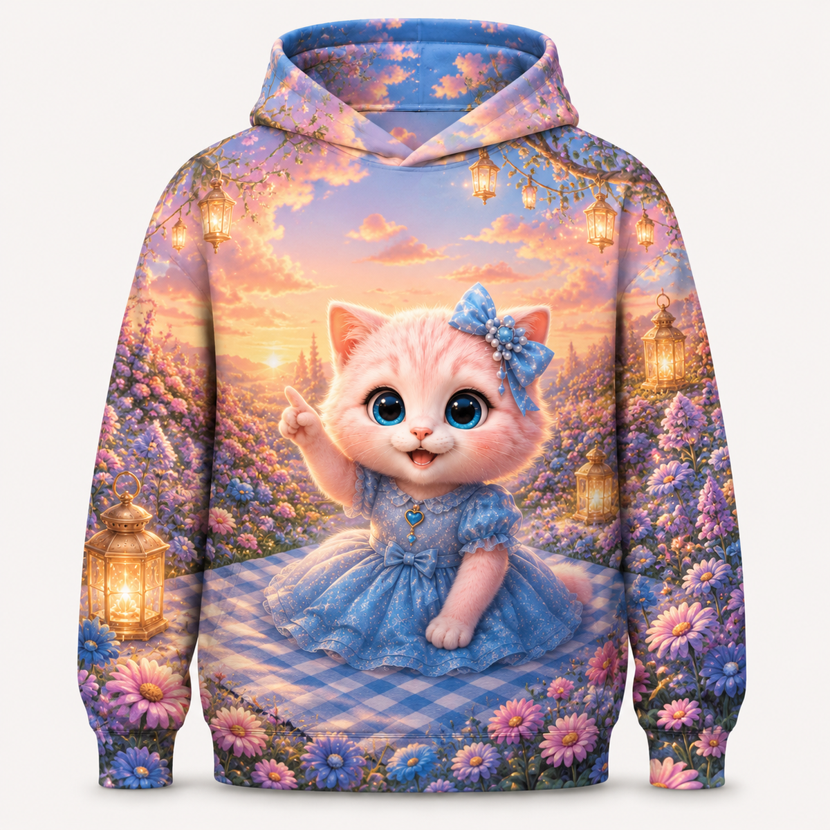 Aster Cloud Watch all-over print hoodie front view with Pink Kitten — The Fluffy Fam