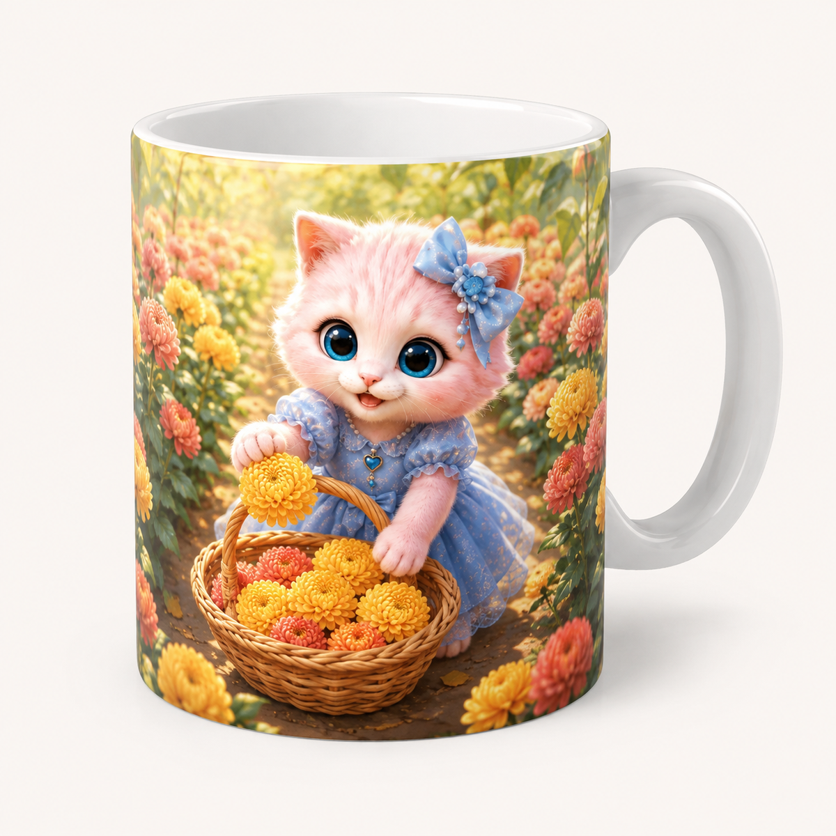 Chrysanthemum Harvest ceramic mug front view with Pink Kitten — The Fluffy Fam