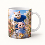 Ranunculus Rain-Boot Dance ceramic mug front view with Dad Cat and Pink Kitten — The Fluffy Fam