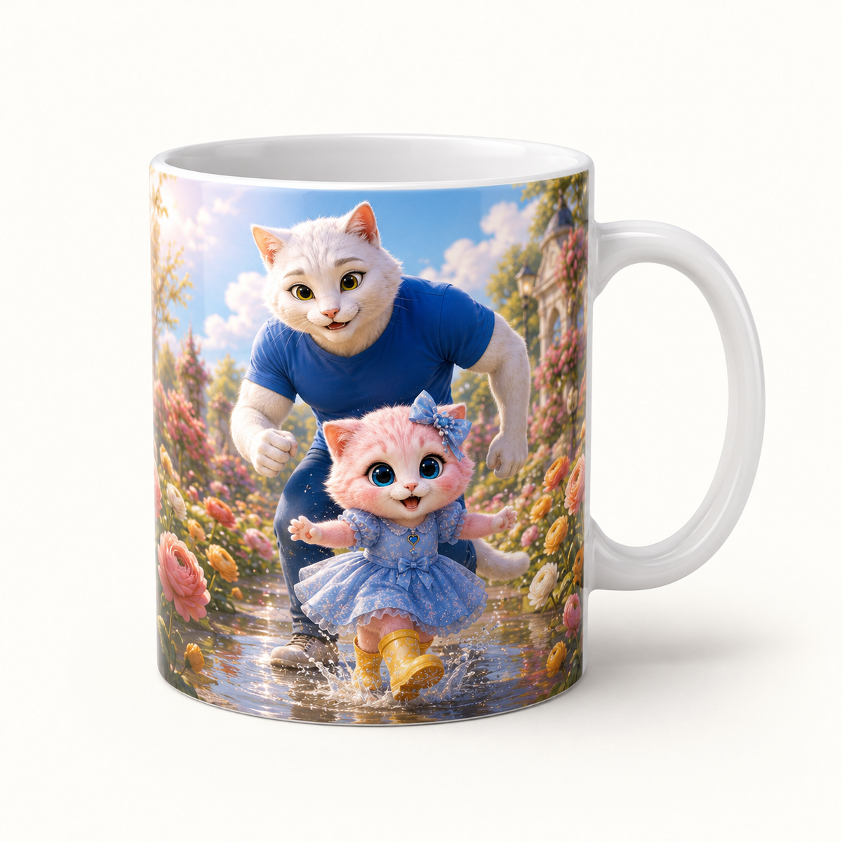 Ranunculus Rain-Boot Dance ceramic mug front view with Dad Cat and Pink Kitten — The Fluffy Fam