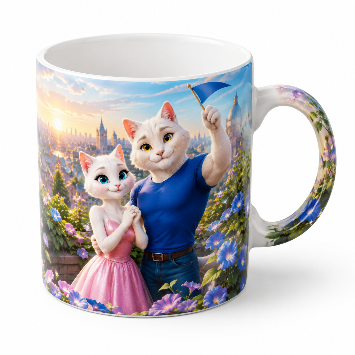 Morning Glory Rooftop ceramic mug front view with Dad Cat and Mom Cat — The Fluffy Fam