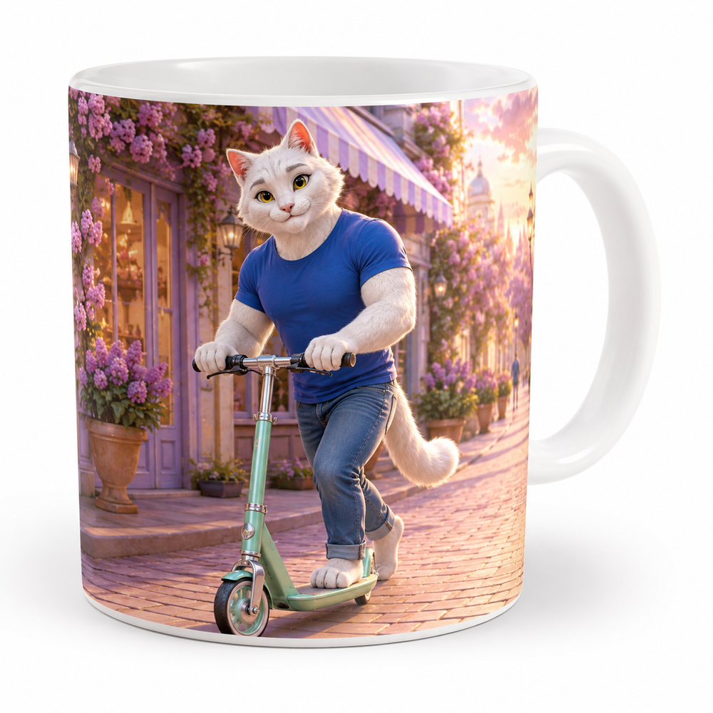 Lilac Scooter Ride ceramic mug front view with Dad Cat — The Fluffy Fam