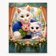 Snapdragon Puppet Show art print front view with Dad Cat and Pink Kitten — The Fluffy Fam