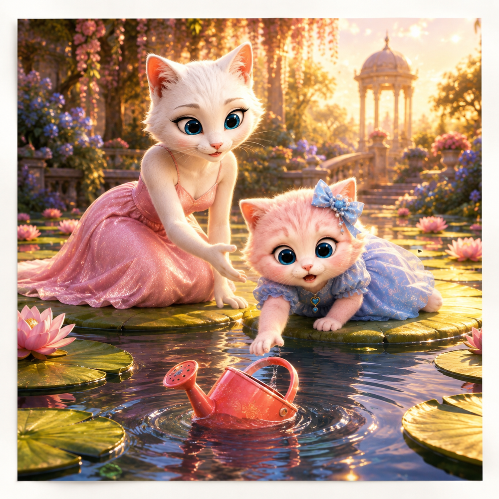Water-Lily Can Rescue art print front view with Mom Cat and Pink Kitten — The Fluffy Fam