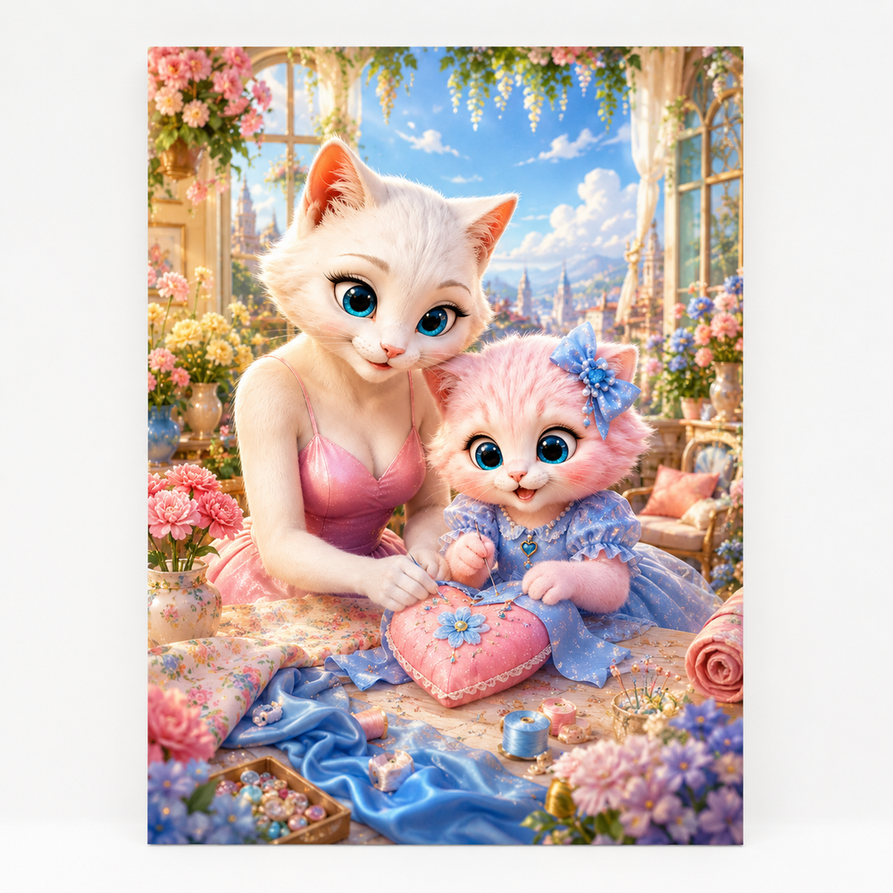 Carnation Sewing Table art print front view with Mom Cat and Pink Kitten — The Fluffy Fam