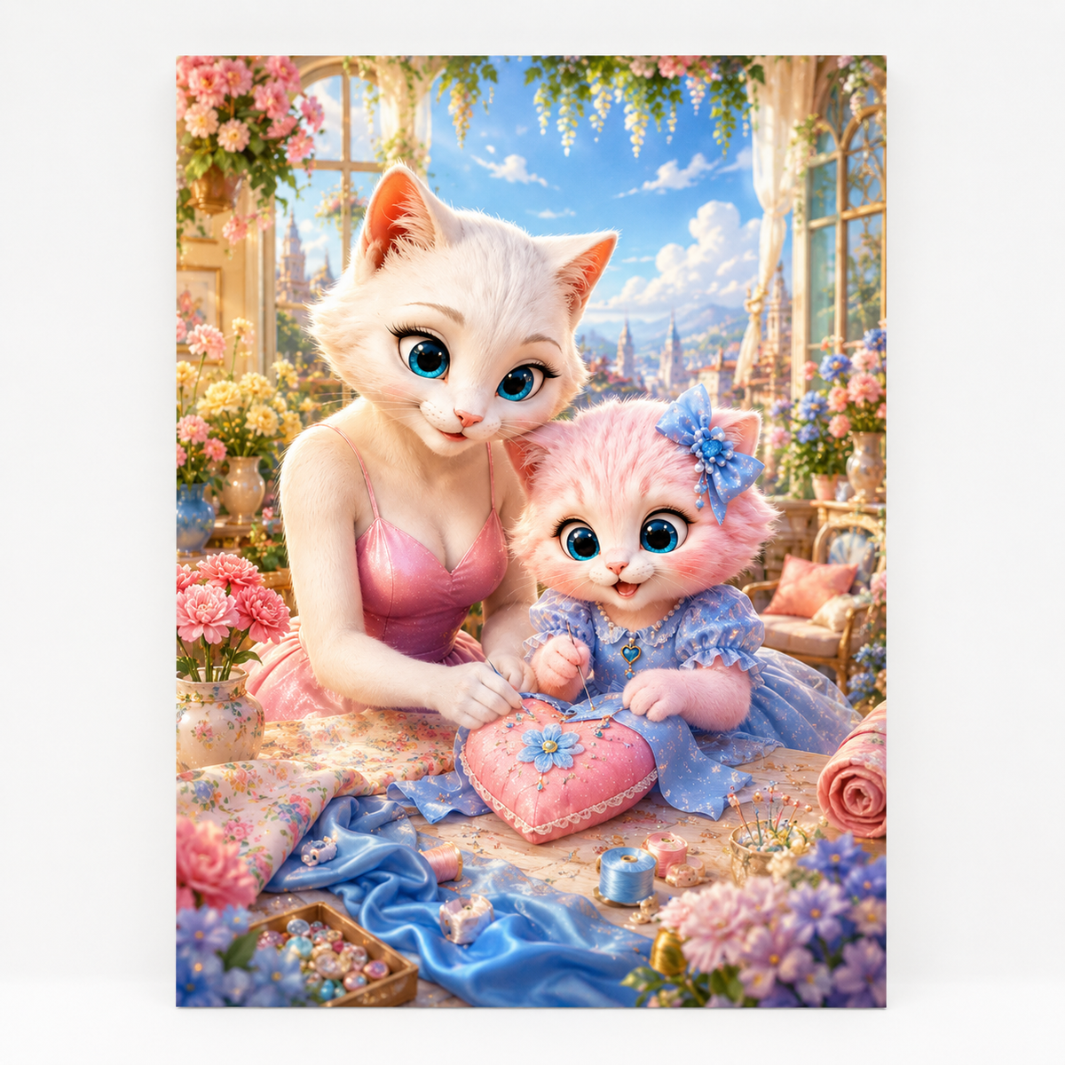 Carnation Sewing Table art print front view with Mom Cat and Pink Kitten — The Fluffy Fam