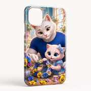 Pansy Crown Workshop phone case front view with Dad Cat and Pink Kitten — The Fluffy Fam