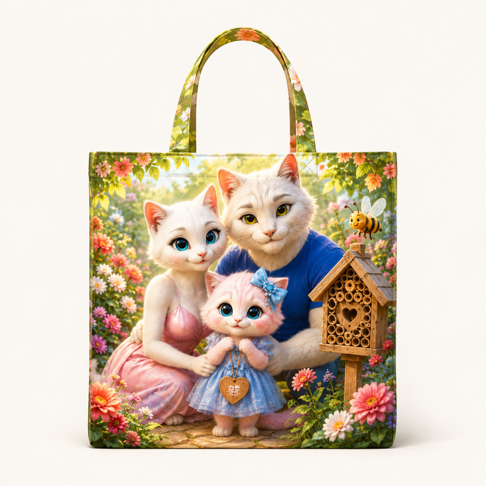 Honeybee Hotel Check canvas tote bag front view with the whole cat family — The Fluffy Fam